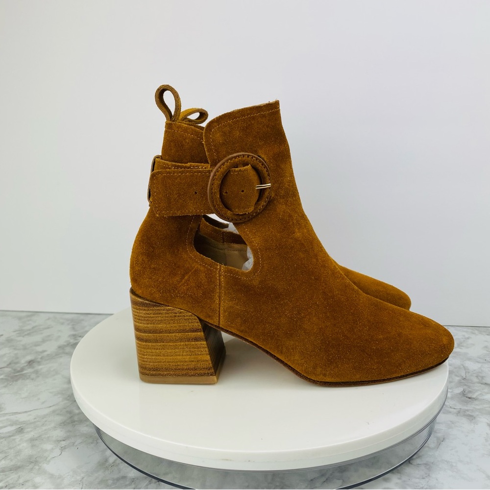 Via Spiga Ankle‎ Suede Leather Booties Womens 6.5 Amber Cognac Darcie Buckle